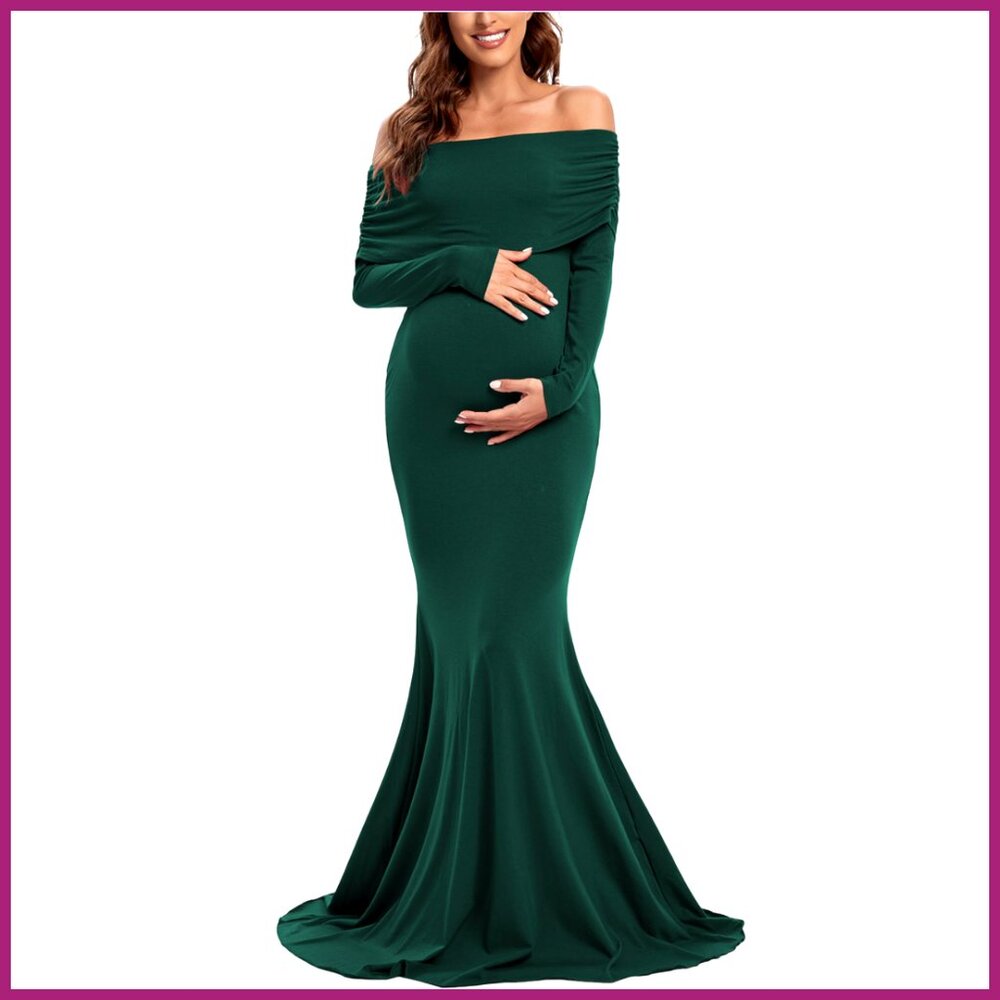 Off Shoulder Maternity Gown Long Sleeve Ruched Mermaid Dress